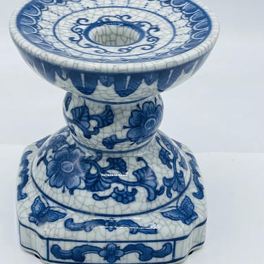 Chinese (Dechang Taoci) Candle holder Pillar Cobalt Blue &amp; White Crackle Glaze 5&amp;quot; X 5/5&amp;quot; 