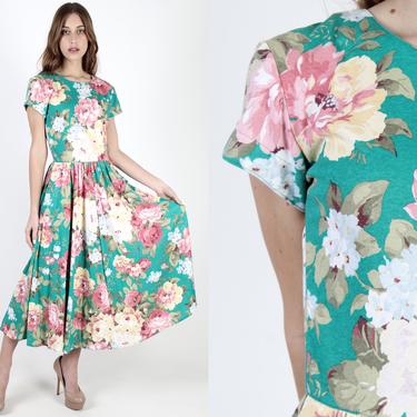 Vintage 80s Bright Floral Dress Green Garden Flowers Dress 1980s Boho Full Skirt Sun Pockets Cotton Jersey Maxi 