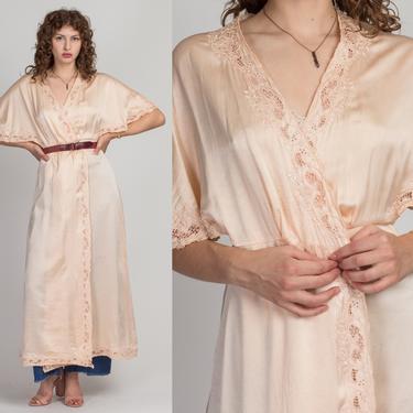 60s Silk Eyelet Wrap Dressing Gown - Small to Medium | Vintage Blush Pink Batwing Sleeve Maxi Robe 