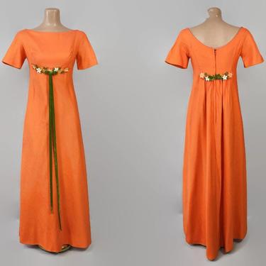 VINTAGE 60s Orange Maxi Dress | 1960s MCM Empire Waist Gown | Hostess Dress | Green Velvet Bows Flower Appliques 