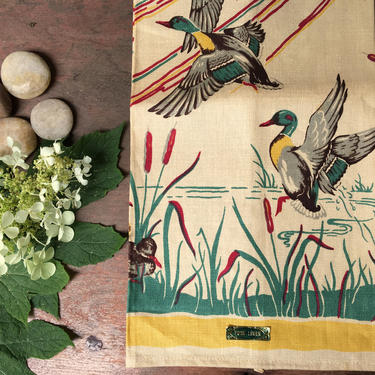 Mid Century Leacock Flying Duck With Cattails, Mallard Duck Pure Linen Unused Kitchen Towel, Man Cave Bar Towel, Duck Hunter 