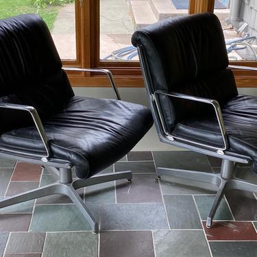 Pair Vintage Black Leather Swivel Lounge Chairs Eames 