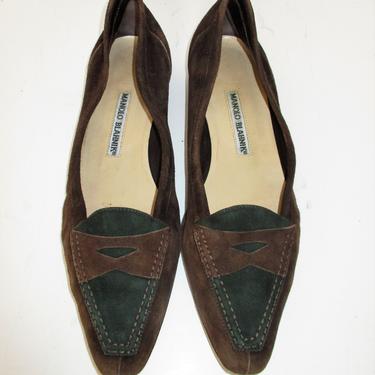 Vintage Manolo Blahnik Loafers Shoes 38 1/2 Ladies dark brown hunter green suede 