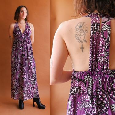 Vintage 70s Paisley Racerback Dress/ 1970s Purple Black Long Halter Dress/ Size Small 
