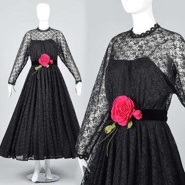 Small Lilli Diamond Long Sleeve Lace Dress Illusion Neckline Flowy Maxi Dress Long Gothic Dress Black Lace Pastel Goth Prom Dress Deadstock 