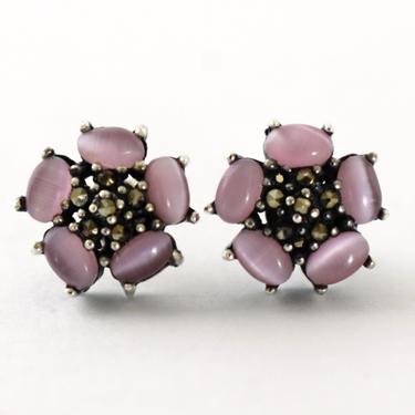 80's pink cat's eye marcasite 925 silver edgy floral studs, unusual sterling chatoyant glass pyrite flower post earrings 