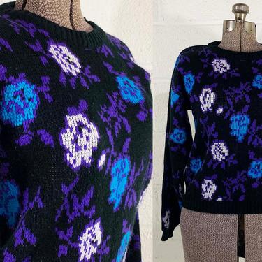Vintage Jewel Tone Floral Sweater Currants by Jeri-Jo 80s 1980s Long Sleeves Crew Neck Knit Flowers Flower Black Blue Purple Medium Large 