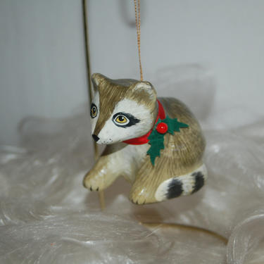 Vintage Christmas Papier Paper Mache Figural Raccoon Ornament with Ribbon and Felt Holly Collar 