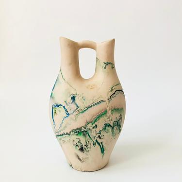 Vintage Large Nemadji Pottery Wedding Vase / Green and Blue Swirls 