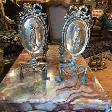 Antique Pair of French Empire Brass Figural Woman Ribbon Topped Fireplace Andirons