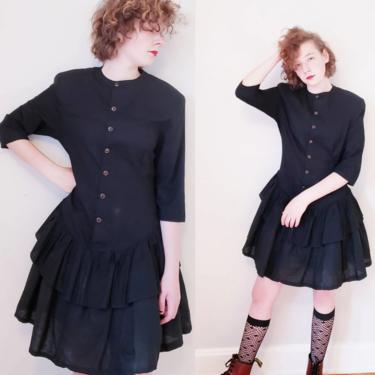 1980s Designer Black Dress Button Down Front Ruffled Skirt Canadian Label Parachute / 80s New Wave Party Dress / Med 