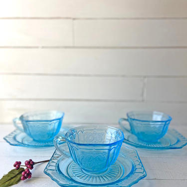 Vintage RARE Anchor Hocking &quot;Mayfair Blue&quot; Teacups And Saucer, Set of 3 | Blue Mayfair Blue Glass Collectible, Rustic, Farmhouse, Gift 