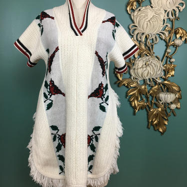 1970s sweater, novelty print sweater, vintage poncho, bird print tunic, size medium, bohemian sweater, fringe sweater, 1970s tunic, Mexican 