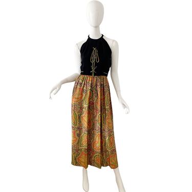 70s Donald Brooks Boutique Dress / Vintage Psychedelic Halter Maxi Dress / 1970s Corset Neon Dress XS 