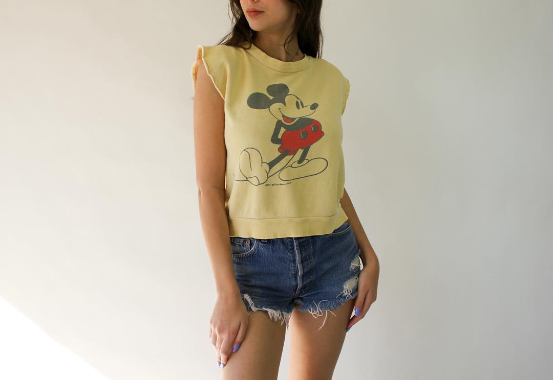 Vintage 70s Mickey Mouse Destroyed Light Yellow Cutoff Crewneck ...