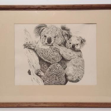 Vintage Signed Stan Smigiera Print Koala Bear Mama & Baby Joey Portrait 21x17 