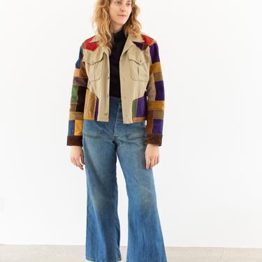 Vintage Beige Khaki Suede Cotton Patchwork Quilt Jacket | Handmade Colorful | M | 
