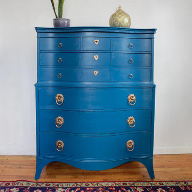 Vintage Teal Blue Dresser, Kent Coffey Highboy, Hand Painted Dresser, Free NYC Delivery 
