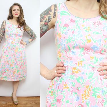 Vintage 70's Pink Floral Sun Dress / 1970's Spring Flowers Dress / SEAWAVES Dress / Summer Dress / Women's Size Medium by Ru