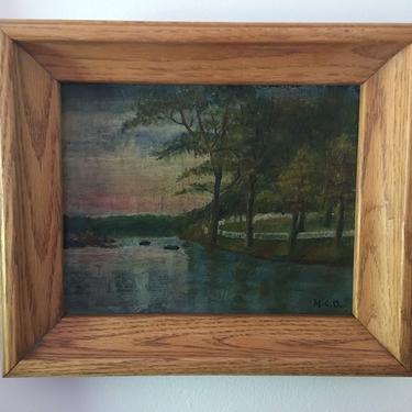 Vintage Muted water scene on light oak frame sunset oil on board unique beautiful colors impressionist signed H.C.D. midcentury blush 