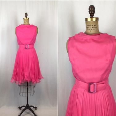Vintage 60s dress | Vintage pink chiffon pleated ruffle cocktail dress | 1960s Hot pink party dress 