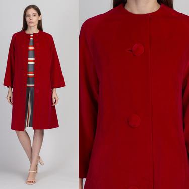 60s Surrey Classic For Harzfeld's Red Velvet Swing Coat - Small to Medium | Vintage Big Button Boho Long Jacket 
