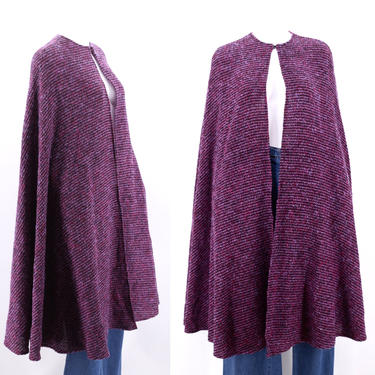 70s Albert Capraro purple tweed cape / vintage 1970s wool mid length cloak wrap one size 