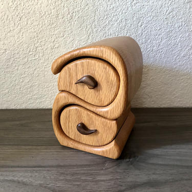 Vintage Abstract Sculpture Carved Wooden Puzzle Box Ring Trinket Free Form Wood Carving 