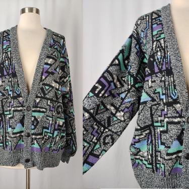 Vintage Nineties Michael Gerald Cardigan Sweater - Large 90s Acrylic Geometric Print Cardigan 