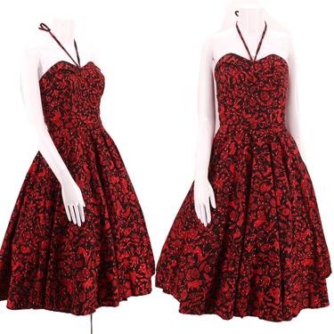 50s MEXICAN sequined cotton novelty print dress 26&quot; / vintage 1950s red LAS NOVEDADES sequins figures full circle skirt party dress halter 