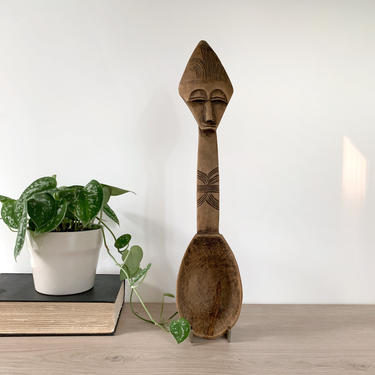 Large African Wooden Spoon | Vintage Decorative Carved Wood Spoon with Face 