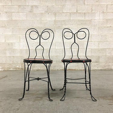 LOCAL PICKUP ONLY Vintage Patio Chairs Retro 1970s Set of 2 Bent Wrought Iron Frame Chairs with Painted Red Wood Seats for Outdoor Seating 