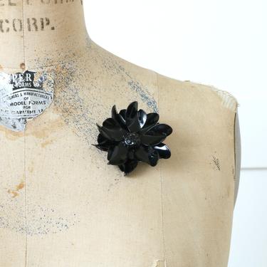 vintage 1960s 70s black dahlia brooch • enamel metal flower with black rhinestones 