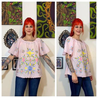 Vintage 1970’s Pale Pink Embroidered Floral Blouse 