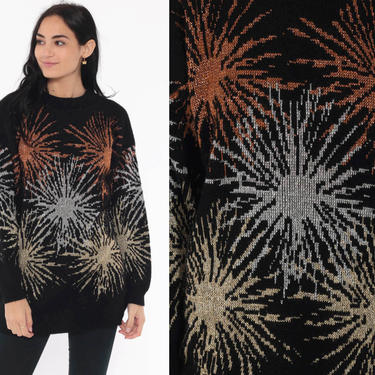 Metallic Fireworks Sweater 80s Jumper Pullover Sparkly Knit Gold Silver Bronze Party Vintage Starburst Holiday Winter Black Large 