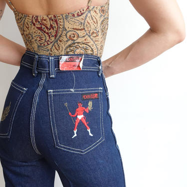 Vintage 80s DEVIL Embroidered Dark Wash Denim with White Contrast Stitching/ 1980s Deadstock High Waisted Straight Leg Embroidered Jeans/ XS 