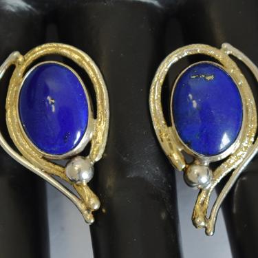 Big 80's Avi Soffer Israel 925 silver vermeil lapis lazuli statement studs, edgy gold wash sterling blue stone cab Modernist earrings 