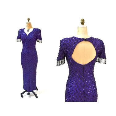 80s Prom Purple Sequin Dress Long Sequin Fringe Stretch Dress Small Medium// Vintage 80s Party Pageant Showgirl Dress Dave and Johnny 