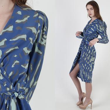 Vintage 80s Blue Abstract Silk Dress / 1980s Deep V Neck Wrap Dress / Animal Print Tulip Skirt Midi Mini Dress 