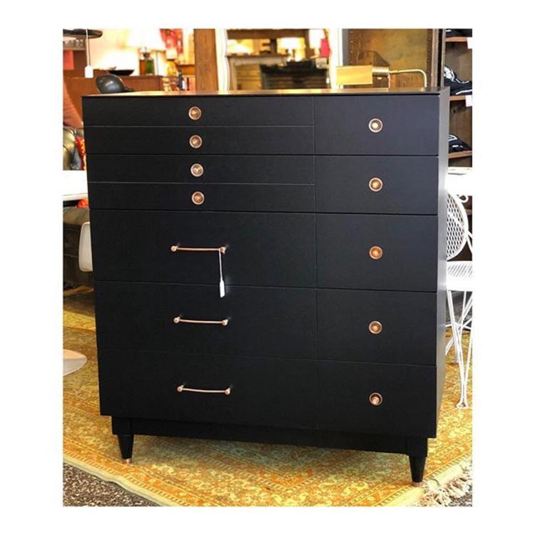 Black MidCentury Modern Chest of Drawers with Copper-Toned Hardware // 