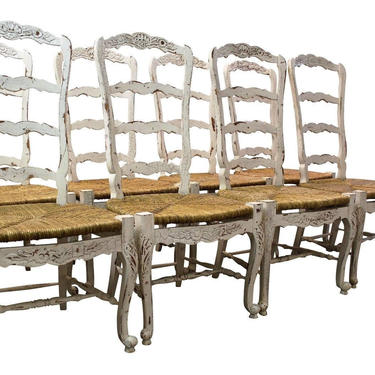 Set of 8 French Country White Carved 4-Rung Rush Seat Ladderback Dining Chairs 