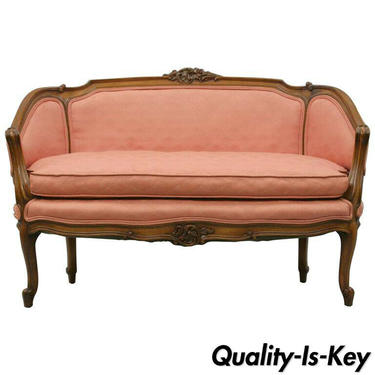 Small French Country Louis XV Style Carved Walnut Pink Settee Loveseat Sofa