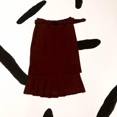 Vintage Jean Paul Gaultier Femme Burgundy Rust Mid Length Skirt / Drop Pleat / Asymmetrical / Avant Garde / Rayon / Belted / Size 4 / 