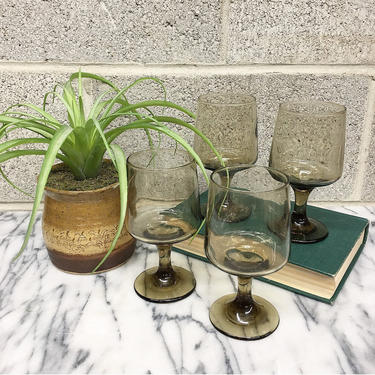 Vintage Wine Glass Set Retro 1960s Smokey Grey + Stemmed + Mid Century Modern + Set of 4 Glasses + 2 Sets on Hand + Home and Bar Decor 