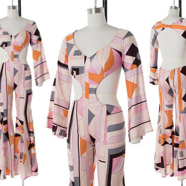 Vintage 1960s Jumpsuit | 60s Pucci Inspired Cutout Low Cut Open Back Jersey Bell Sleeve Bell Bottom Jumpsuit (x-small) 