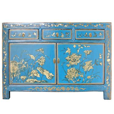 Distressed Golden Graphic Blue Credenza Sideboard Buffet Table Cabinet cs4933S