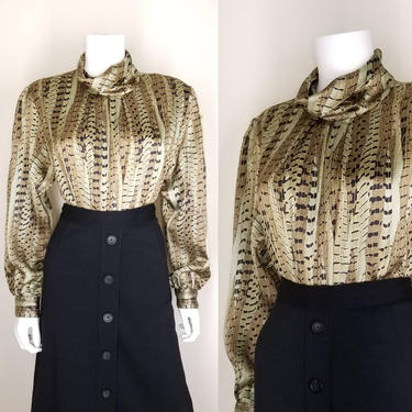 1990s Brown Gold High Neck Blouse, Medium/ Large ~ Shiny Textured Cocktail Blouse ~ Abstract Print Dress Blouse 
