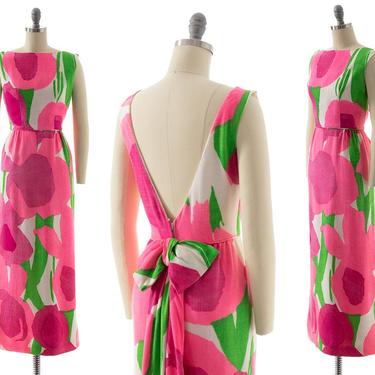 Vintage 1960s Gown | 60s Oversized Bold Floral Printed Hot Pink White Open Back Sheath Formal Maxi Party Sundress (x-small) 