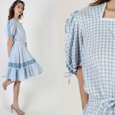 Vintage 70s Baby Blue Gingham Dress / Americana Picnic Saloon Dress / Country Waitress Square Dance Outdoors Lace Mini Dress 