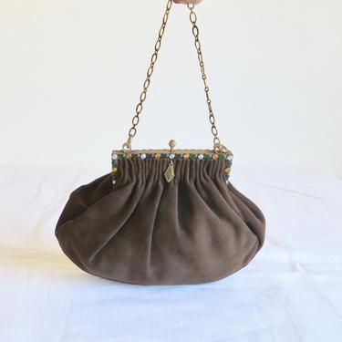 Vintage 1930's Art Deco Style Brown Suede Purse Bronze Frame with Glass Gems Chain Top Strap Handle 30's Handbags Antique Bags 